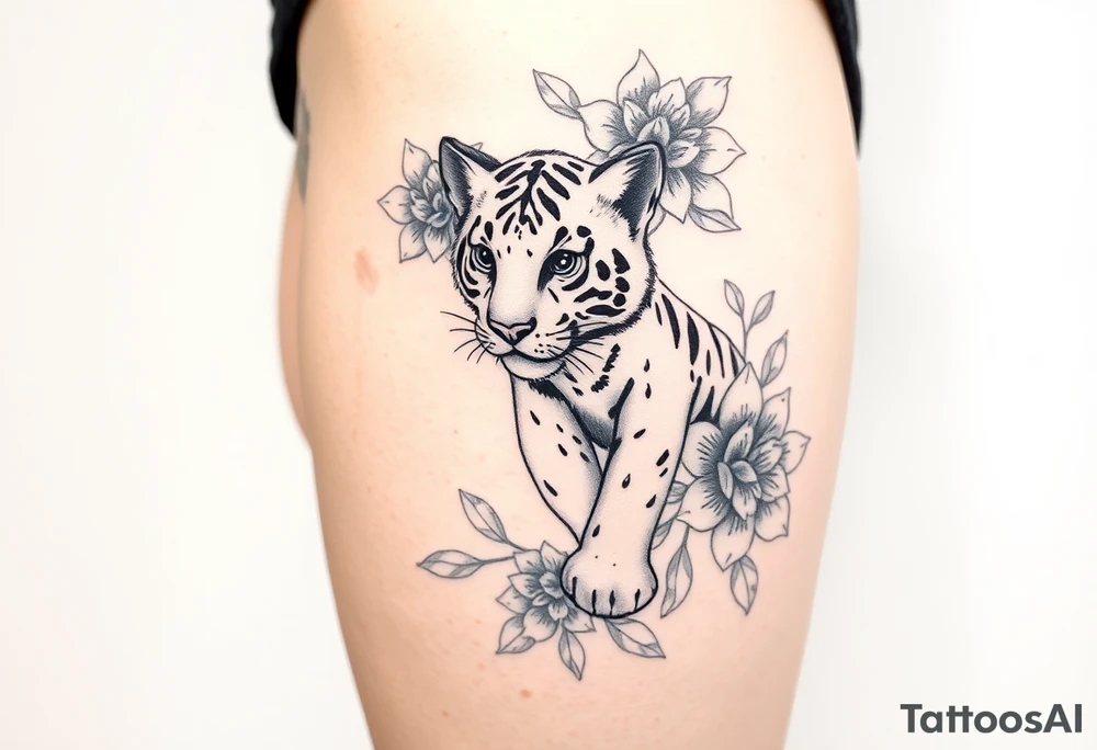 Floral tattoo with baby tiger tattoo idea