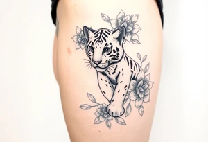 Floral tattoo with baby tiger tattoo idea