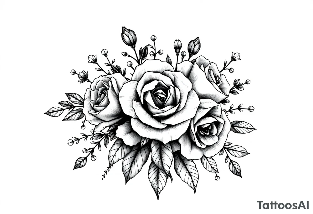 Geometric vintage bouquet of wild roses and meadow flowers with morning dew tattoo idea
