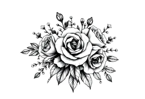 Geometric vintage bouquet of wild roses and meadow flowers with morning dew tattoo idea