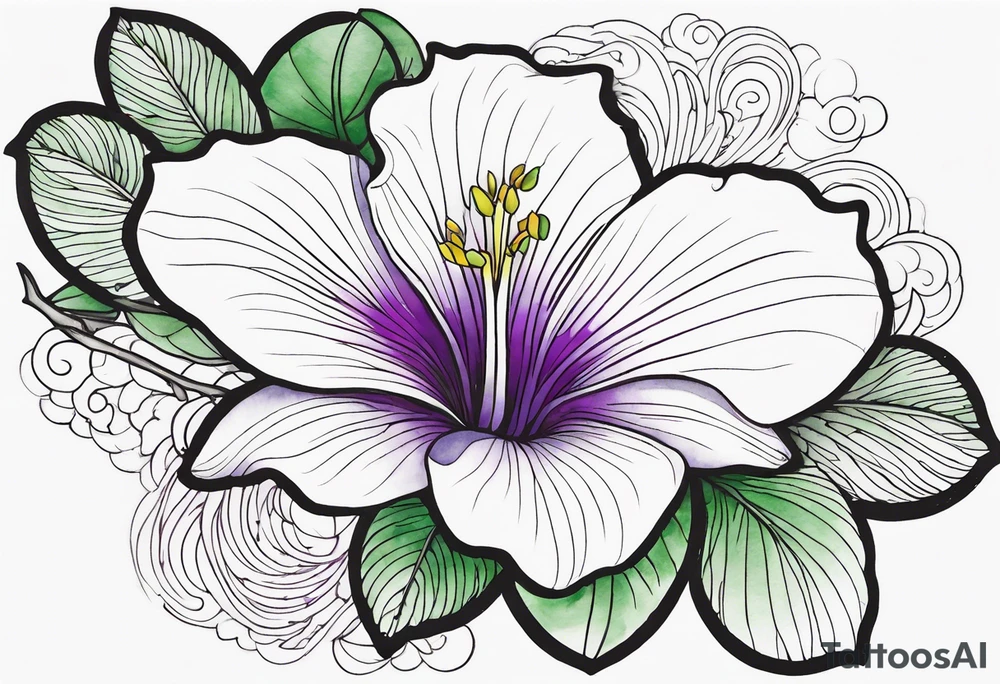 An outline of a rio dipladenia flower with a green and purple watercolor mix in the background tattoo idea