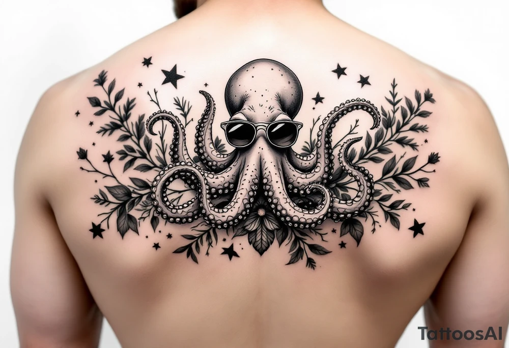 cute octopus, surrounded by floral ornaments and oceanic items, wearing sunglasses tattoo idea