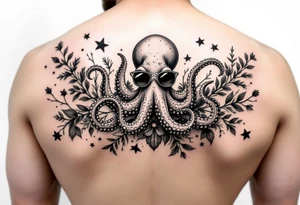 cute octopus, surrounded by floral ornaments and oceanic items, wearing sunglasses tattoo idea