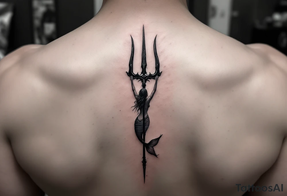 trident half way under calm water with mermaid at sunset tattoo idea