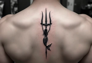 trident half way under calm water with mermaid at sunset tattoo idea