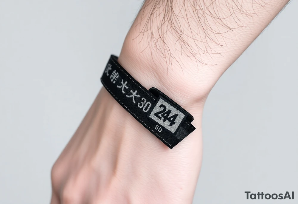 A realistic black and gray tattoo of a Brazilian Jiu-Jitsu black belt wrapping around the wrist like a bracelet. The belt is tied in a knot with one end showing the number 30 and the other showing 24. On the flat end of the belt, two Japanese kanji characters are inked in white: 成長 (growth) and 忍耐 (perseverance). The belt has subtle stitch marks and worn, textured shading for a slightly distressed, authentic look. tattoo idea