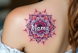 A vibrant mandala in reds and purples surrounding the small word “Mama” in white ink. tattoo idea
