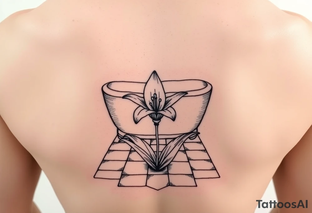 bathroom with lily coming up out of tile floor tattoo idea