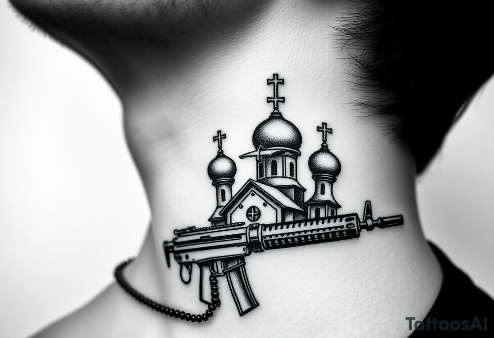 russian orthodox church with the crosses above being christian orthodox but in a AK47 style with a beaded orthodox thurible chain tattoo idea