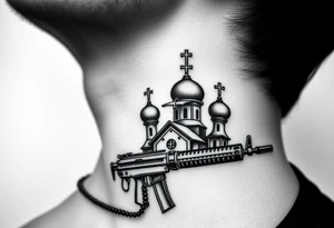 russian orthodox church with the crosses above being christian orthodox but in a AK47 style with a beaded orthodox thurible chain tattoo idea