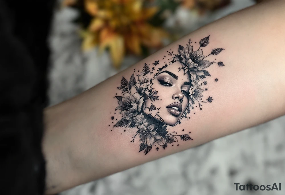 Broken black woman pieced back together surrounded by flowers tattoo idea