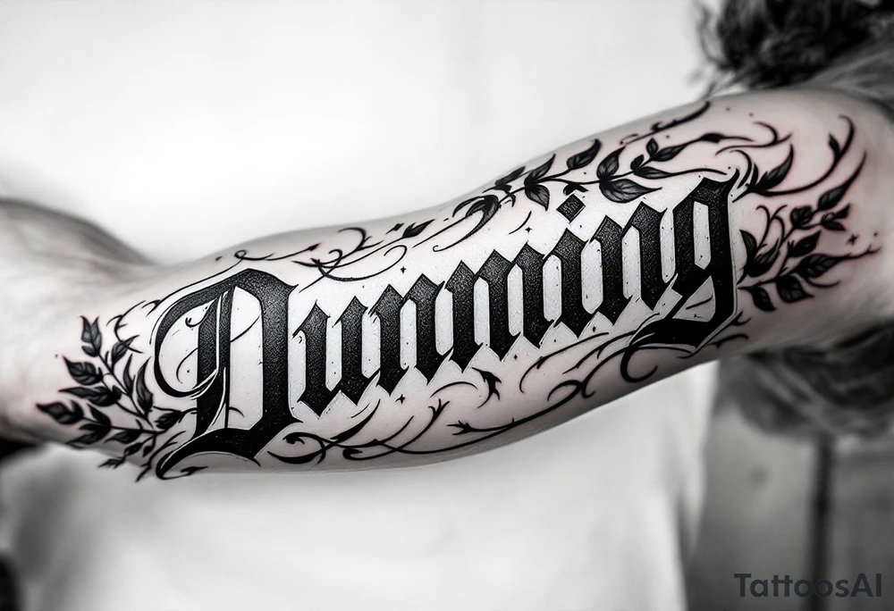 Dunning,on left arm details include angel wing, greek type of font,jungle leaves , tiger claw scratch tattoo idea