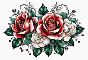 Red roses with pearls and scallop shells tattoo idea