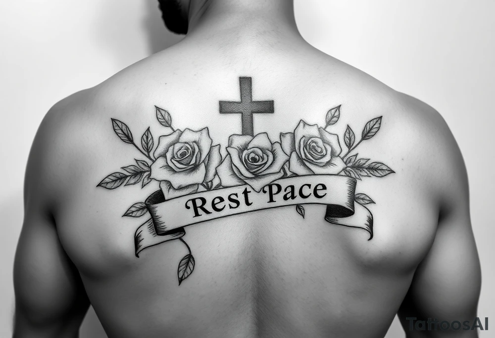 Hip hop religious rest in peace with roses and a banner for a name arm tattoo tattoo idea