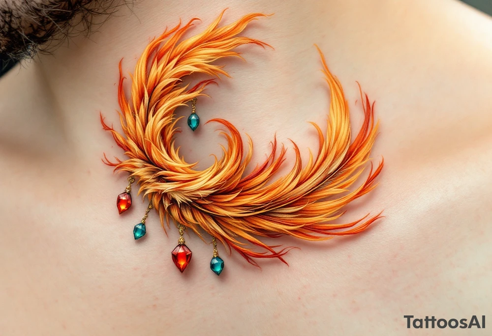A burnt orange phoenix feather curling into a spiral with protective charms hanging from it. tattoo idea