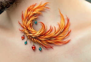 A burnt orange phoenix feather curling into a spiral with protective charms hanging from it. tattoo idea