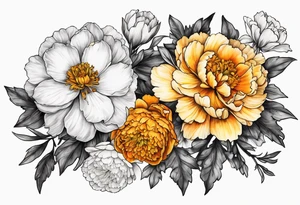 marigold, peony, and narcissus laying side by side, less than 3 inches tall tattoo idea