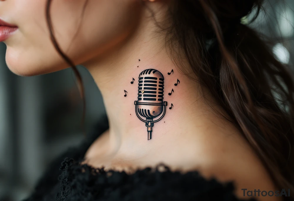 Vintage Microphone Tattoo – A classic, detailed black and gray tattoo of a vintage microphone with intricate shading, surrounded by musical notes floating around it in soft gold and bronze hues. tattoo idea