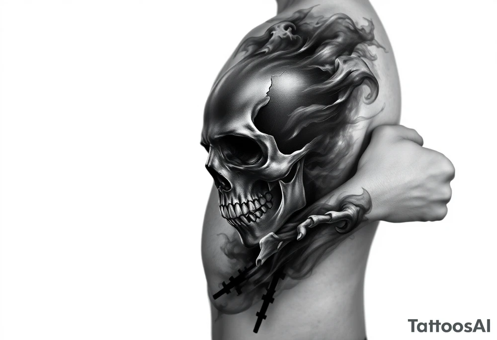 Abstract skull imagery blended into smoke and shadow, symbolizing fear used as a weapon, fragmented skull dissolving into mist, tactical darkness, psychological warfare theme, blackwork realism, dramatic contrast, tattoo design. tattoo idea