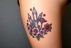 psychedelic  tattoo with crystals and  flowers and mushrooms tattoo idea