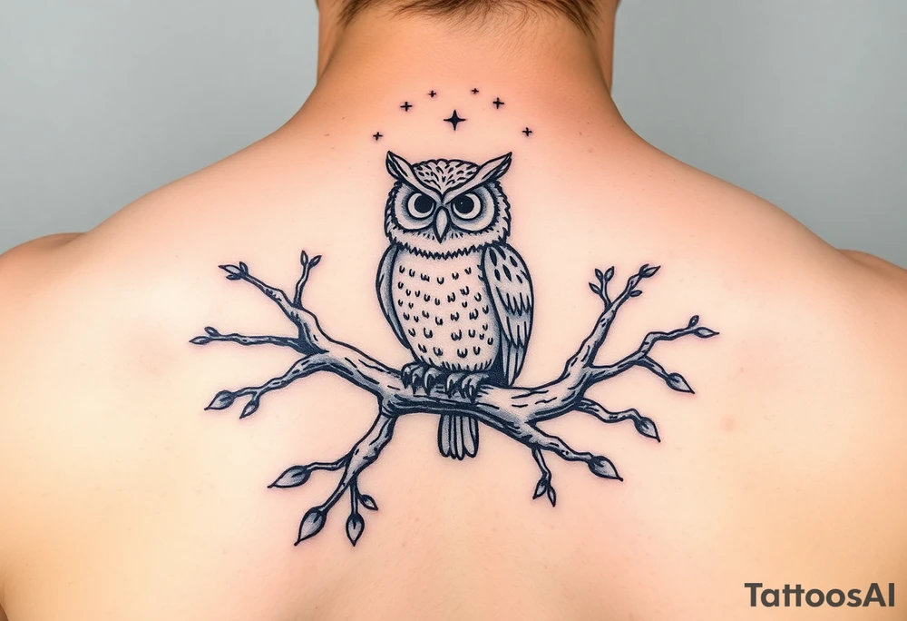 wise owl perched on ancient oak branch under starlit sky tattoo idea