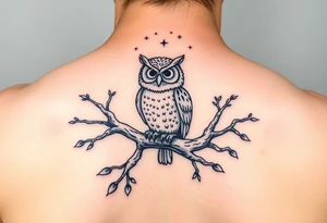 wise owl perched on ancient oak branch under starlit sky tattoo idea