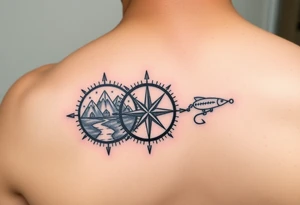 Matching compass for husband and wife. One will be a compass with a mountain, river, tent. The S of the compass replaced with a fishing lure tattoo idea