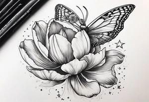 a fairy flying into a tulip with stars in the sky tattoo idea