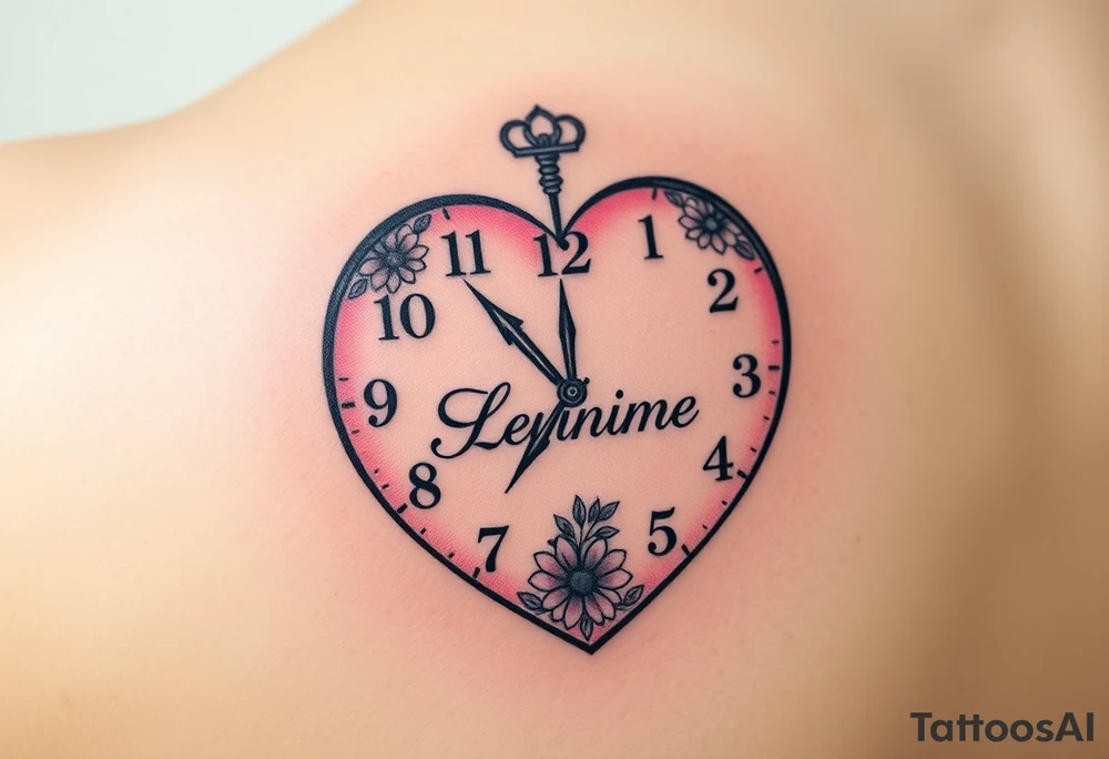 A heart-shaped clock with soft pastel pink and blue tones, featuring delicate floral engravings, with the child’s name scripted across the center tattoo idea