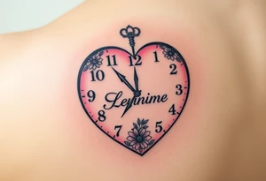 A heart-shaped clock with soft pastel pink and blue tones, featuring delicate floral engravings, with the child’s name scripted across the center tattoo idea