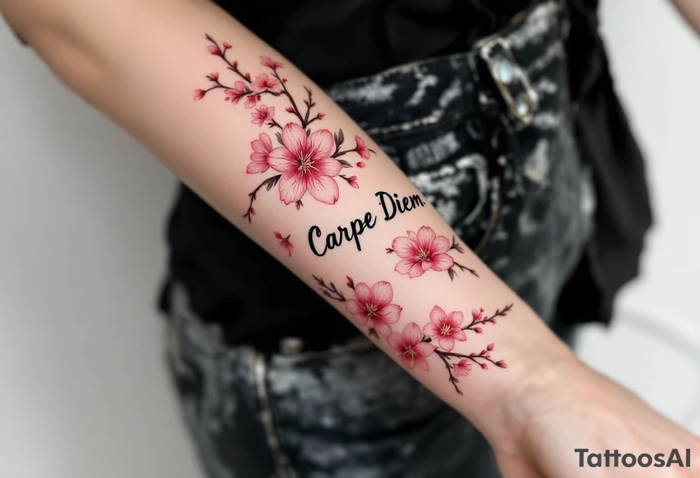 Elegant black script "Carpe Diem" flowing across the forearm with delicate watercolor pink cherry blossoms wrapping around. tattoo idea