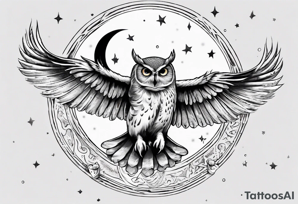 Wise and Regal Owl flying towards the Moon. tattoo idea