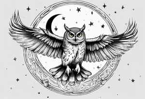 Wise and Regal Owl flying towards the Moon. tattoo idea
