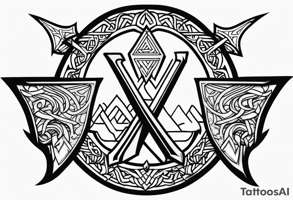Valhalla sword shield dragon axe Valknut tattoo idea