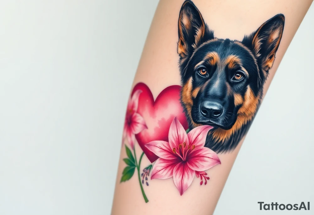 realistic german shepherd looking protective with pink lilies in front of a sacred heart tattoo idea