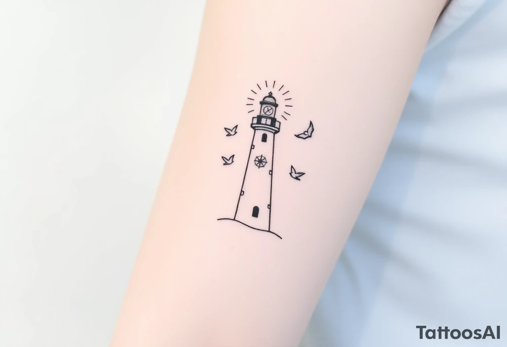 Simple Lighthouse shining with birds, a compass and crescent moon tattoo idea