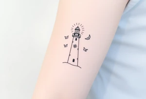 Simple Lighthouse shining with birds, a compass and crescent moon tattoo idea