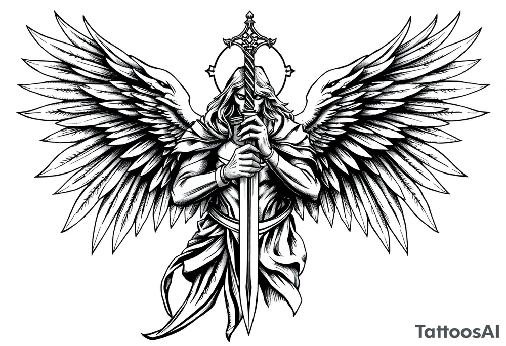 Holy Archangel, Biblical, Christianity, Hebrew, Guards of Christianity, Holding a sword, having six wings, seraphim, seek justice, walk only with God tattoo idea