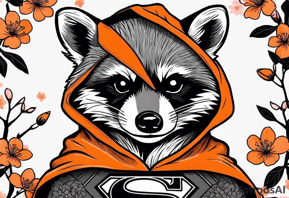 raccoon wearing a black and white Superman hoodie and orange Japanese cherry blossoms tattoo idea