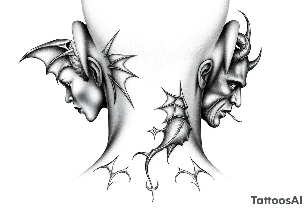 position behind the neck Angel (on the right) whispering in the right ear, demon (on the left) whispering in the left ear. It must be as realistic as possible. tattoo idea