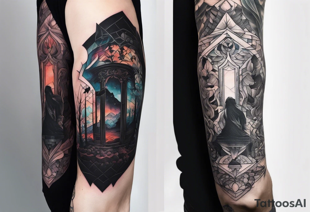2 Black shadows of people standing over 2 black shadows of dead people tattoo idea