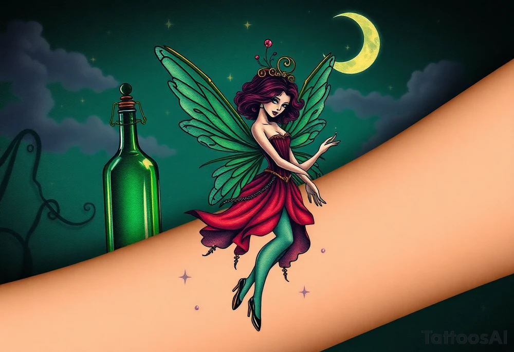 Tim Burton’s kelly doty pin up style Vintage Parisian elegant and hauntingly beautiful yet eerie full body absinthe Green Fairy dances outside her victorian crystal decatur she was once inside this elaborate ornate bottle absinthe bottle Absinthe Art Nouveau   and dripping with muted reds, dusty pinks, and eerie green glow.purple and cyan smokey clouds swirl in the crescent moonlit sky thats sprinkled with stars tattoo idea