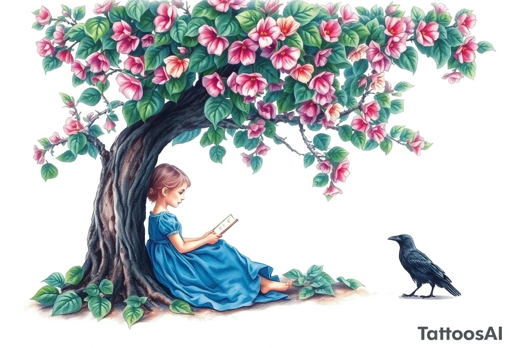 A tree of Impatiens walleriana, a little girl wearing a blue dress sitting under it while reading. A small raven watching her.


. tattoo idea