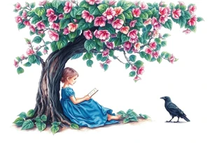 A tree of Impatiens walleriana, a little girl wearing a blue dress sitting under it while reading. A small raven watching her.


. tattoo idea