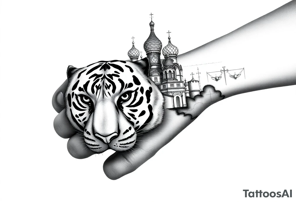 Realistic white tiger face on the back of the hand with strong contrast and fine detail with its eyes completely black. with a highly detailed Russian Orthodox cathedral sitting above on fore arm with onion domes and orthodox crosses, done in fine line, engraving-like style. Cohesive composition, black ink only, no color, high contrast, slightly aged, documentary-style, plain light background. with clouds above and a virgin mary 
spanning from my hand to lower fore arm tattoo idea