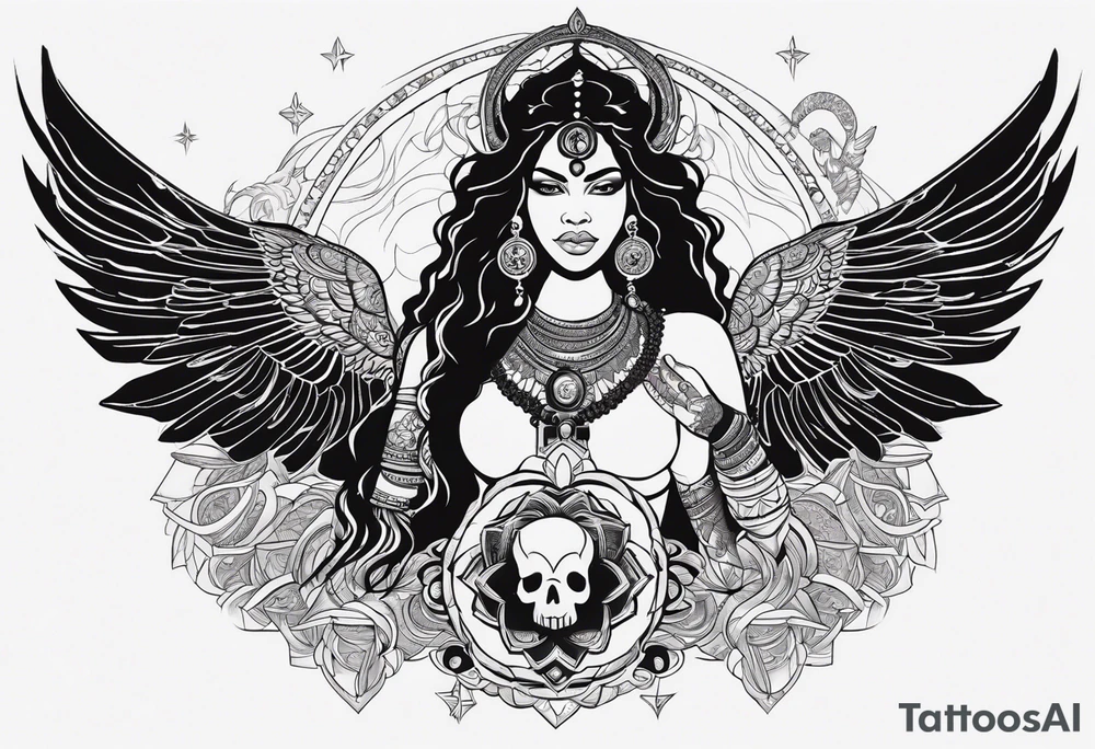 black kali, goddess pirate, alien, angel, pachamama, valkrye, warrior, flying, skull, lotus azul, wing, eagle, zenza resonance, stars, 5D, anahata chakra, death, durga, riding on a tiger, flying lady, kundalini, chest tatoo, samuri, rebel, serpent tattoo idea