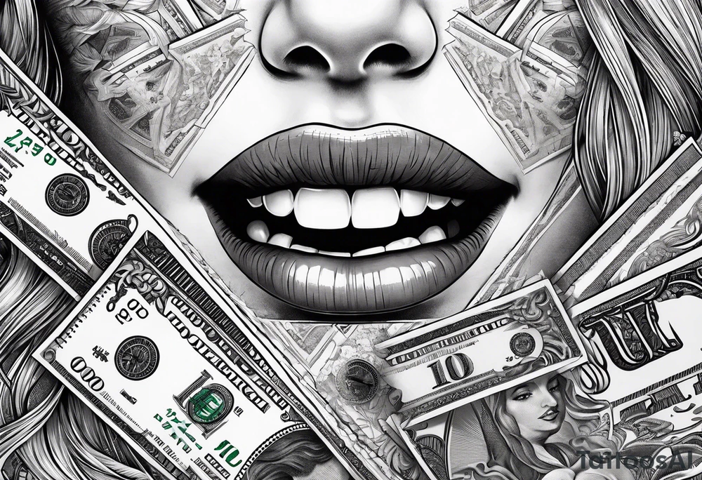 Girl mouth lips teeth and money tattoo idea