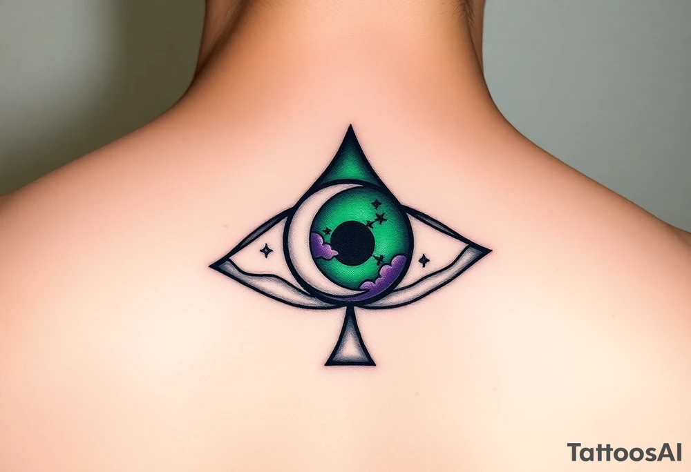 Large outline of an eye almond shaped with the eyeball part shaped like an ace of spades + eyecolor greenish blue with a crescent moon stars and clouds inside of the spade eyeball using vivid colora like green purple and blue tattoo idea