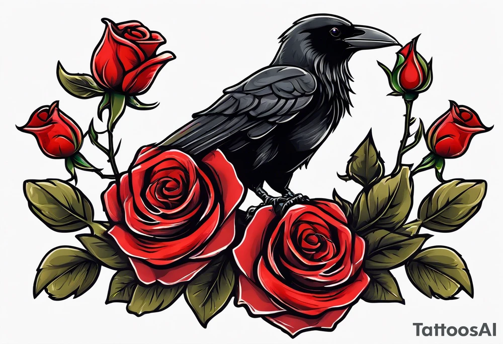 Crow standing holding a red rose tattoo idea
