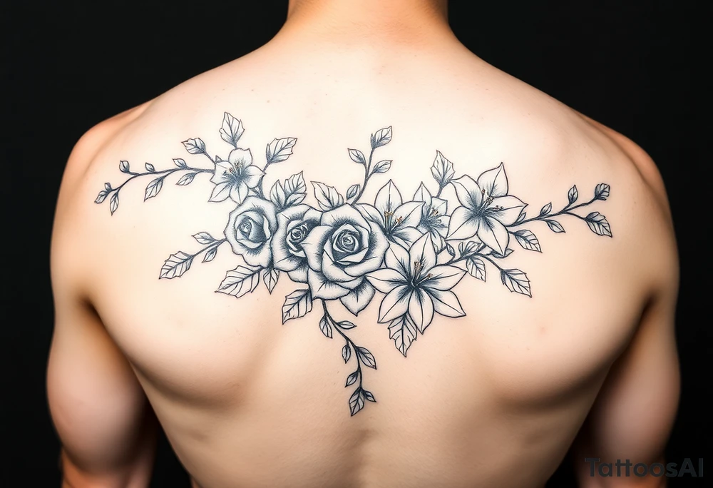 Arm tattoo Orchard vines with roses and lilies tattoo idea
